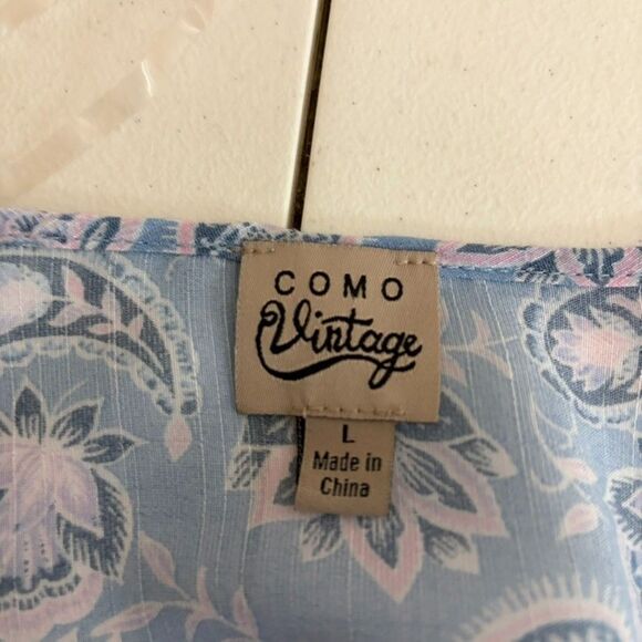 Como Vintage Blouse Women's Large V-Neck Floral Short Sleeve Tie Shirt Top - Picture 6 of 8